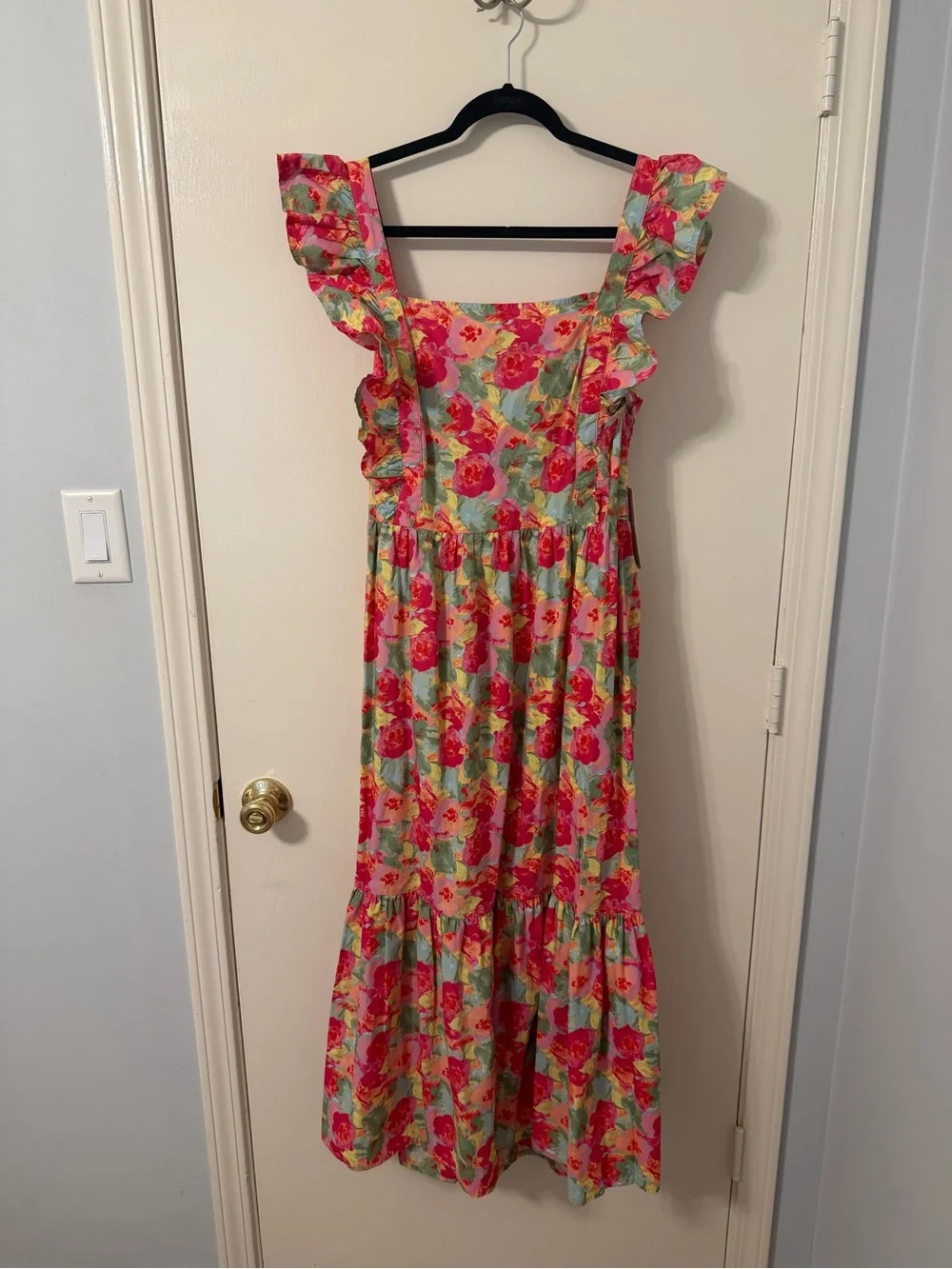 Floral Square-Neck Midi Dress in Pink and Green